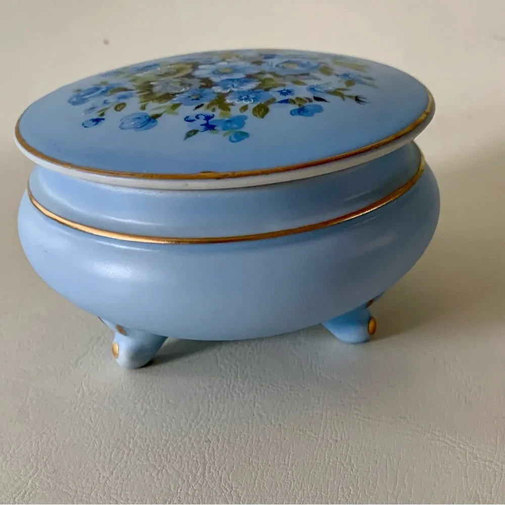 Vintage Hand Painted Blue Trinket Box